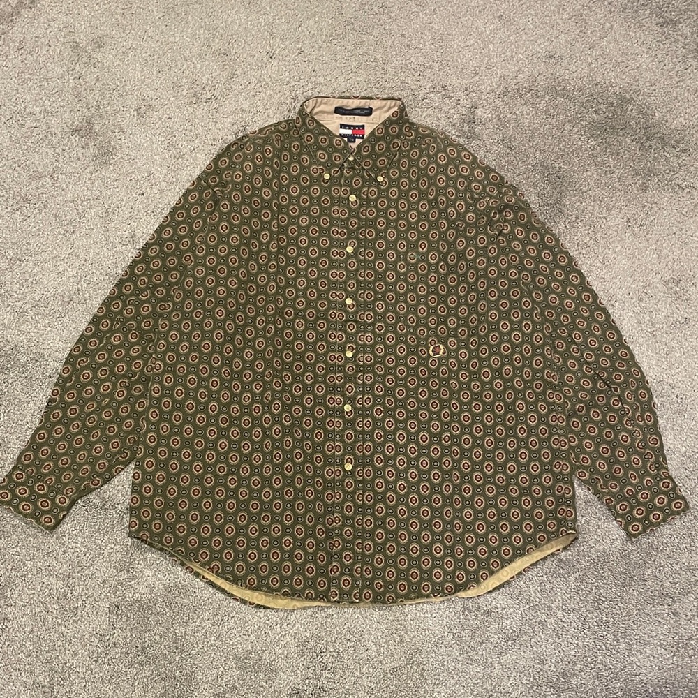 Vintage 90s Tommy Hilfiger Dark Green Patterned Men's Shirt size Large
